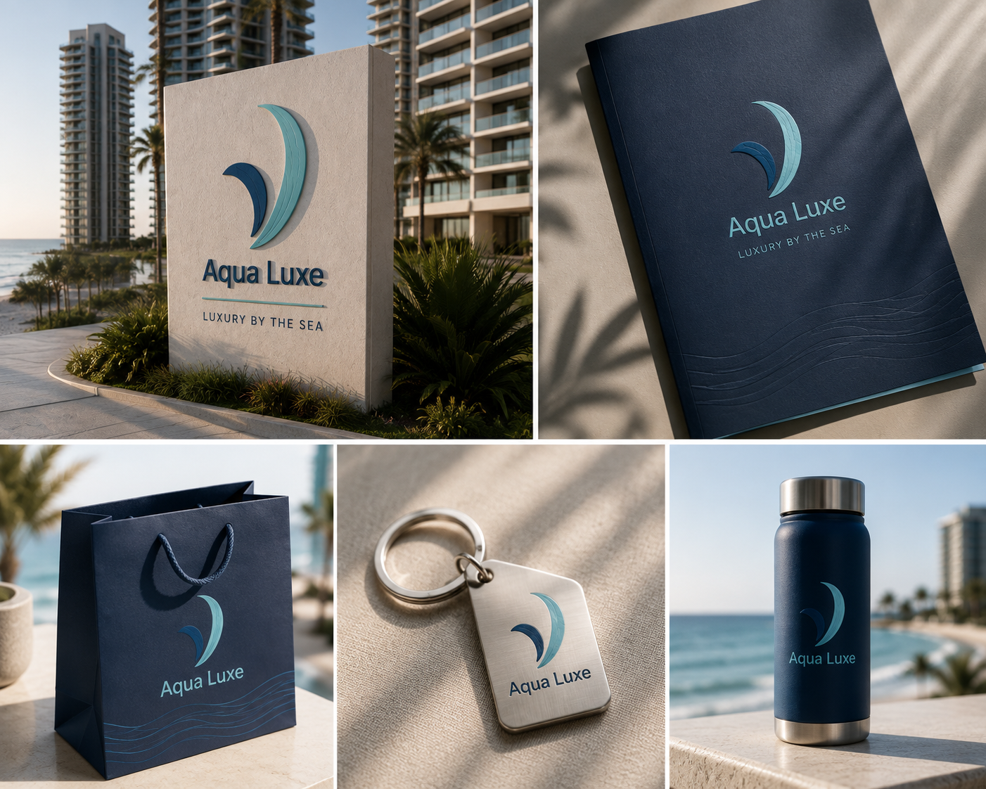 Aqua Luxe — מערכת הזהות: שילוט, חוברת, שקית, מחזיק מפתחות ובקבוק