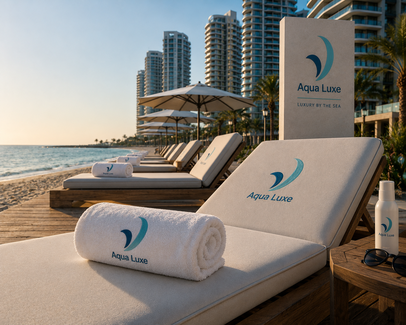Aqua Luxe — שילוט אדריכלי ומיטות שיזוף ממותגות מול הים